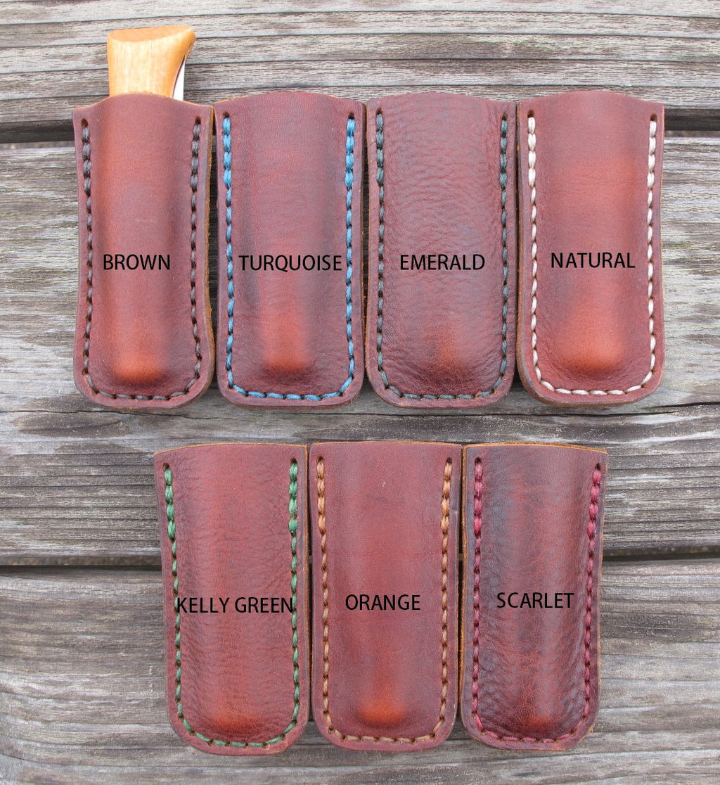 Handmade Leather Protector Sleeve For Opinel No. 8 Pocket Knife Hand Cut And Handsewn Patriot Brown