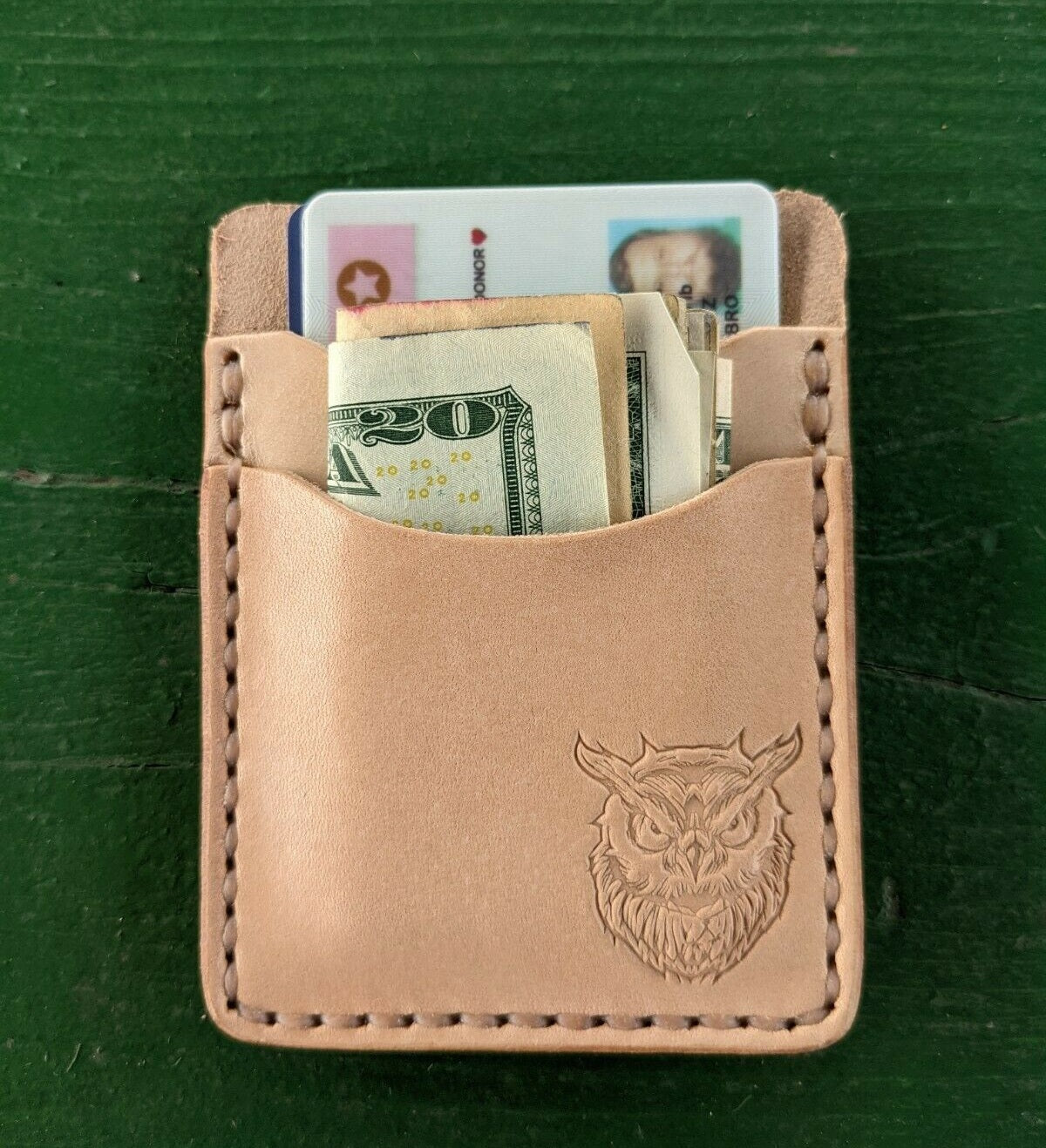 Natural Veg Tan Leather Wood Badge Inspired Front Pocket Wallet - Beaver, Bobwhite, Eagle, Fox, Owl, Bear, Buffalo Antelope Patrol Critter