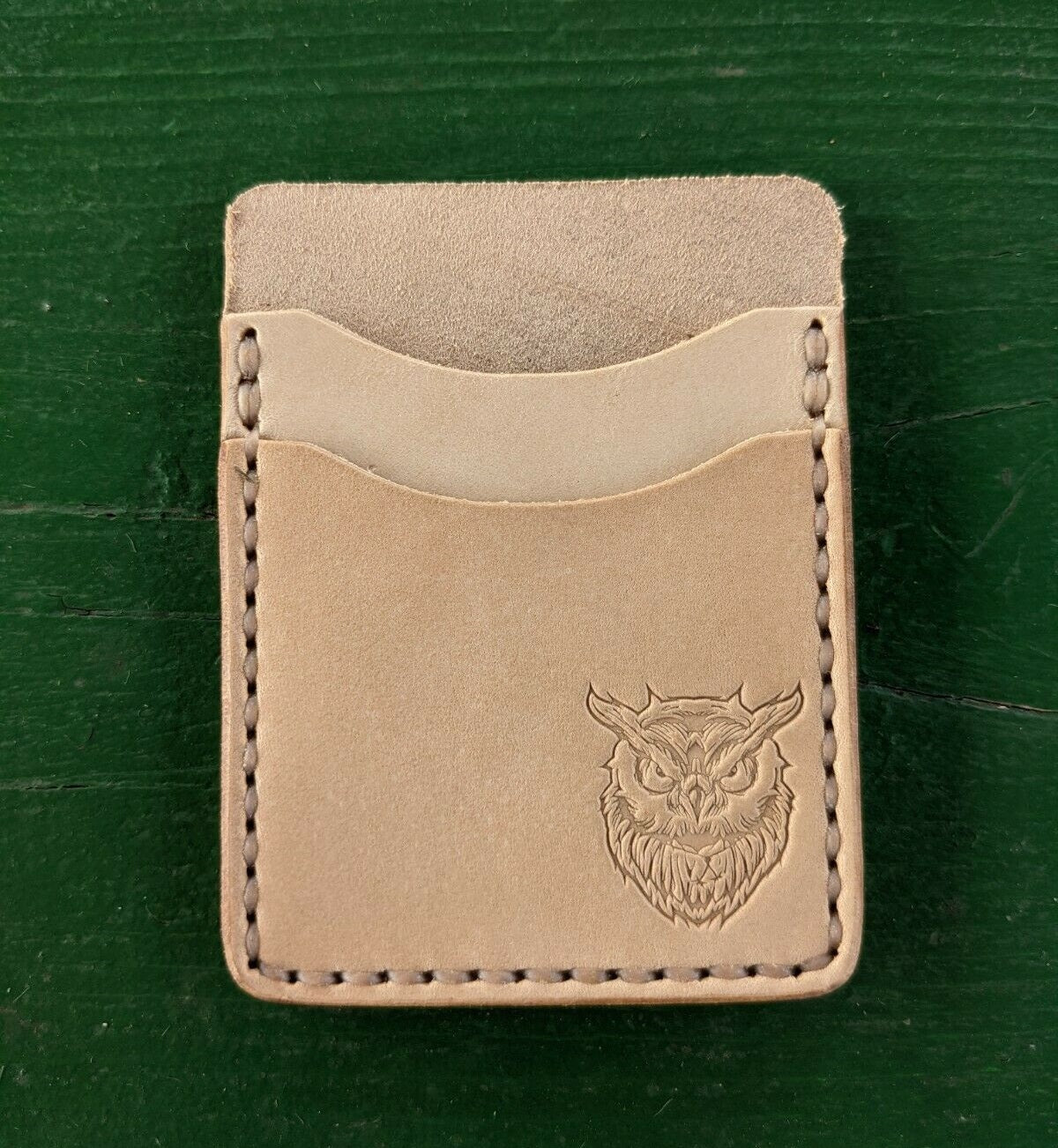 Natural Veg Tan Leather Wood Badge Inspired Front Pocket Wallet - Beaver, Bobwhite, Eagle, Fox, Owl, Bear, Buffalo Antelope Patrol Critter