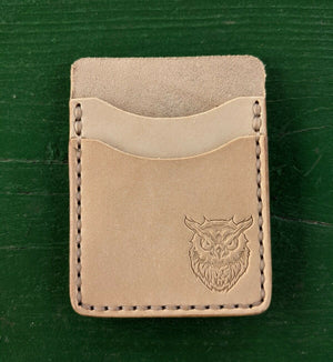 Natural Veg Tan Leather Wood Badge Inspired Front Pocket Wallet - Beaver, Bobwhite, Eagle, Fox, Owl, Bear, Buffalo Antelope Patrol Critter