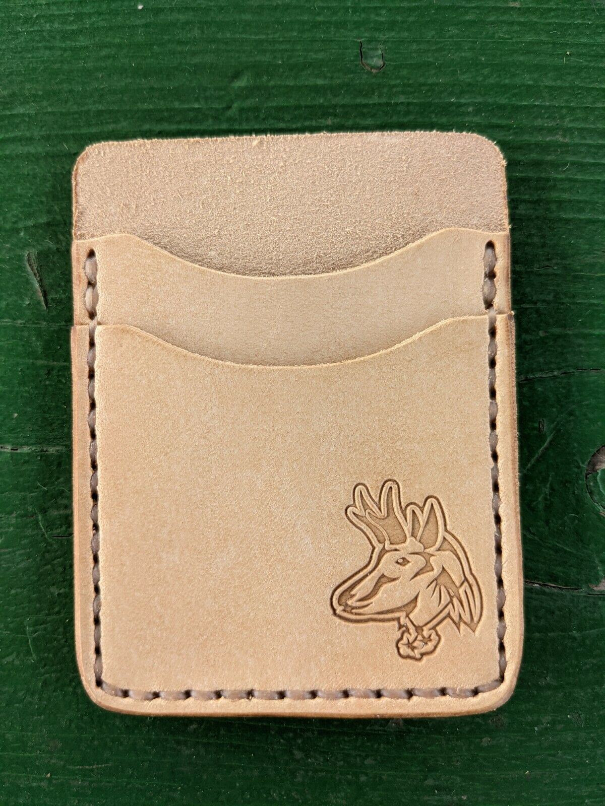 Natural Veg Tan Leather Wood Badge Inspired Front Pocket Wallet - Beaver, Bobwhite, Eagle, Fox, Owl, Bear, Buffalo Antelope Patrol Critter