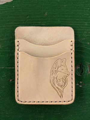 Natural Veg Tan Leather Wood Badge Inspired Front Pocket Wallet - Beaver, Bobwhite, Eagle, Fox, Owl, Bear, Buffalo Antelope Patrol Critter