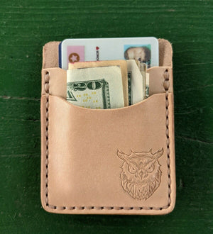 Natural Veg Tan Leather Wood Badge Inspired Front Pocket Wallet - Beaver, Bobwhite, Eagle, Fox, Owl, Bear, Buffalo Antelope Patrol Critter