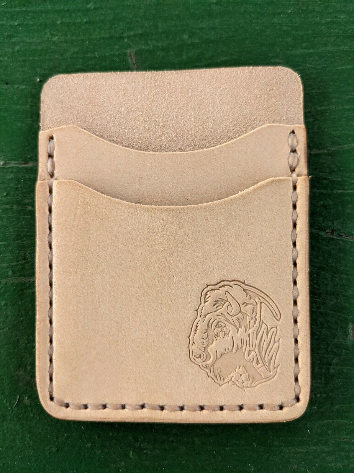 Natural Veg Tan Leather Wood Badge Inspired Front Pocket Wallet - Beaver, Bobwhite, Eagle, Fox, Owl, Bear, Buffalo Antelope Patrol Critter